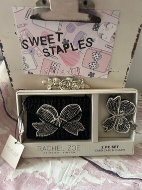 🎀Rachel Zoe Black Beaded Card Case w White Beaded Butterfly Charm